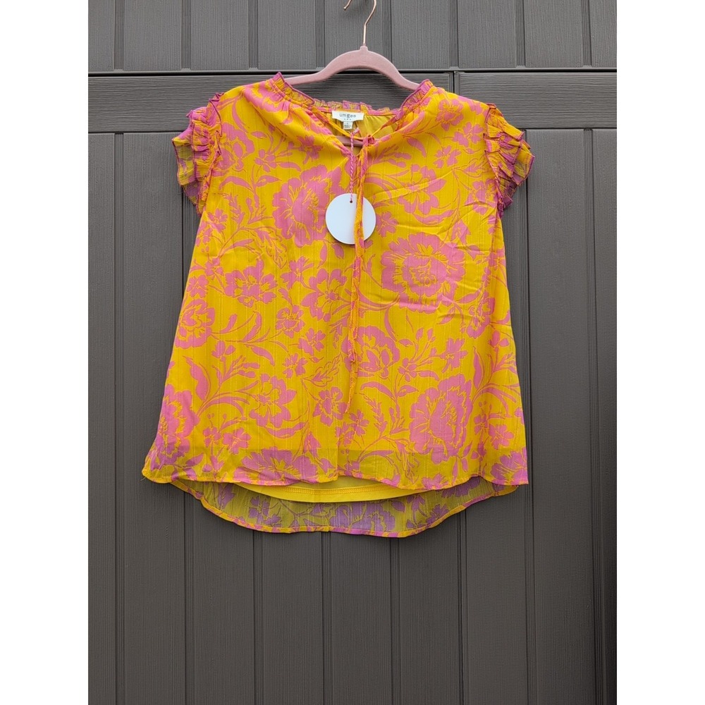 Umgee Womens L Orange Floral Layered Short Sleeve Dress Tie Neck NEW